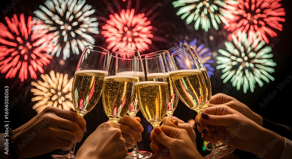 Naklejka premium Group of friends toasting with champagne glasses against a night sky with spectacular, colorful fireworks