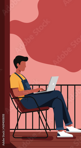 Man in casual attire works on laptop from his balcony, embodying remote work, freelancing, and digital connectivity. Ideal for lifestyle and business concepts.