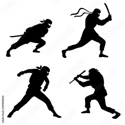Four black ninja silhouettes martial arts poses warrior
