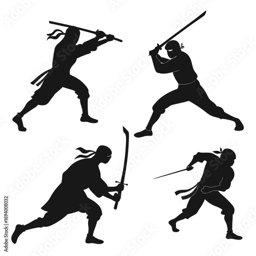 Four black ninja silhouettes sword fighting poses martial arts