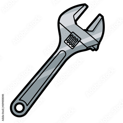 An illustration of a grey adjustable wrench, a common hand tool used for gripping and turning nuts and bolts.