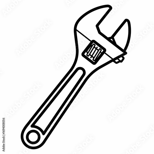 Black and white illustration of an adjustable wrench tool, isolated on white background.