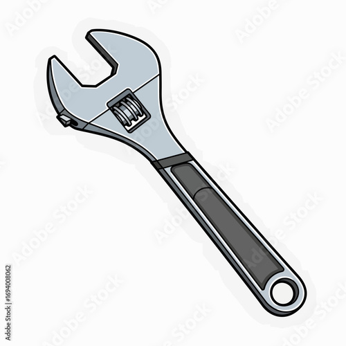 A detailed illustration of a silver adjustable wrench with a dark grey handle, positioned diagonally.