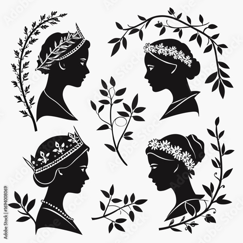 Four black silhouette profiles adorned with floral crowns and leafy branches female