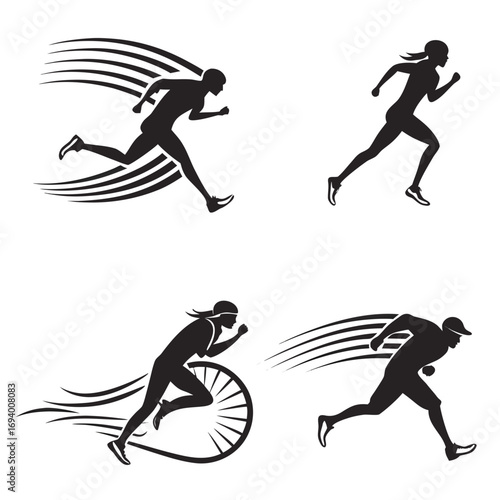 Four black running silhouettes with motion lines runner athlete