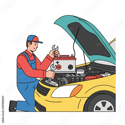 A male auto mechanic in blue overalls and a red cap repairs a yellow car, using wrenches to work on the battery under the open hood.