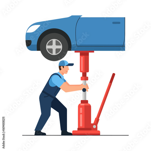 Mechanic repairing a car using a hydraulic jack.