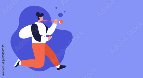 Energetic person celebrates with a party horn, symbolizing joy, success, and festivities. Ideal for business achievements, events, or happy occasion promotions.