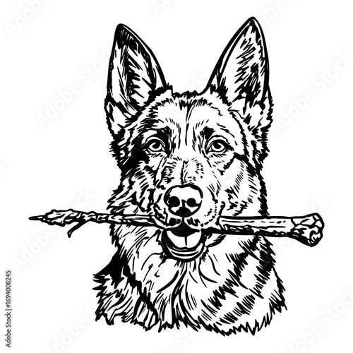 A German Shepherd dog holds a stick in its mouth. The dog has a strong build, erect ears, and a friendly expression. It is depicted in a sketch style.