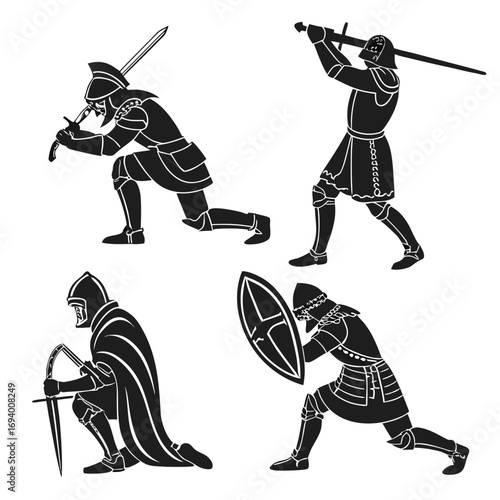 Four knight silhouettes sword shield armor poses vector
