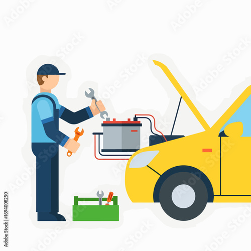 Mechanic working on a car battery with tools and a toolbox.