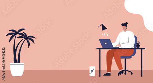 Person working remotely on laptop at a home desk with plants, reflecting modern productivity and a flexible lifestyle.