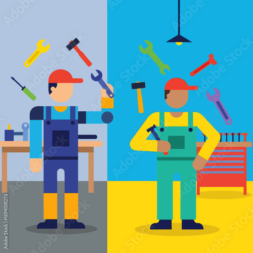 Two mechanics in overalls with tools, one blue and one green, in a workshop setting.