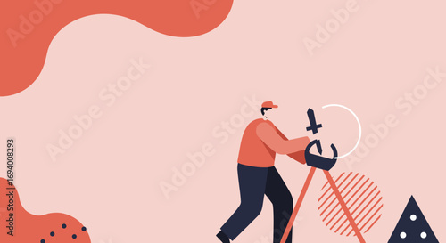 Professional man using surveying equipment on a tripod in a modern, abstract setting, ideal for engineering, construction, or technology visuals.