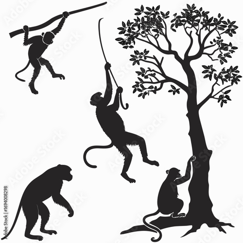 Four monkey silhouettes climbing swinging tree vector