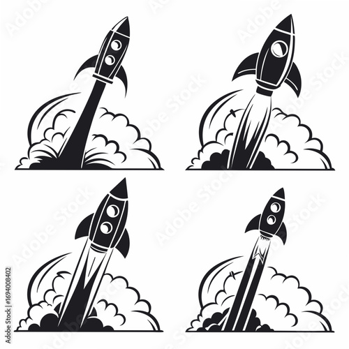 Four rocket ships blasting off with smoke spaceship launch