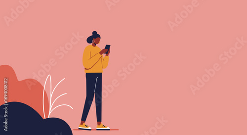 Young woman engages with her smartphone in a vibrant, minimalist illustration, representing digital communication, social media, and modern lifestyle connectivity.