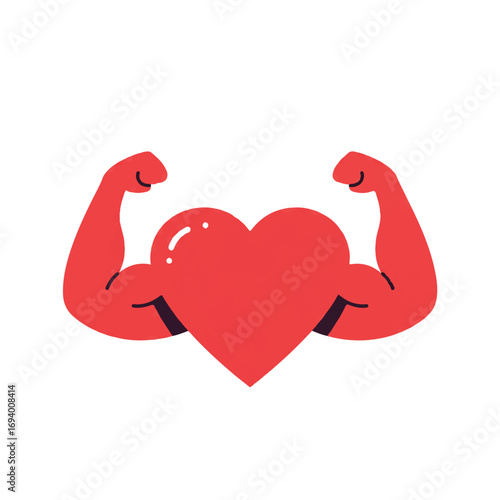 A bold and vibrant 2D flat vector illustration depicts a stylized heart with subtle bicep muscles, powerfully symbolizing strength and optimal cardiovascular health on white.