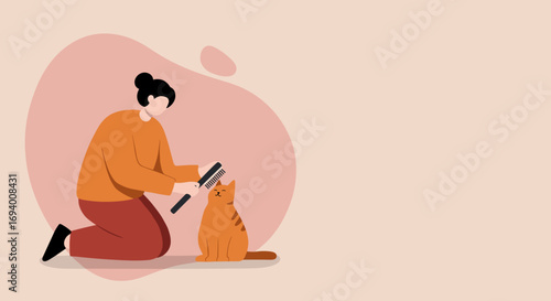 Person gently brushing their happy cat, illustrating pet care, a loving bond, and a peaceful domestic routine. Ideal for animal welfare, home lifestyle, or veterinary content.