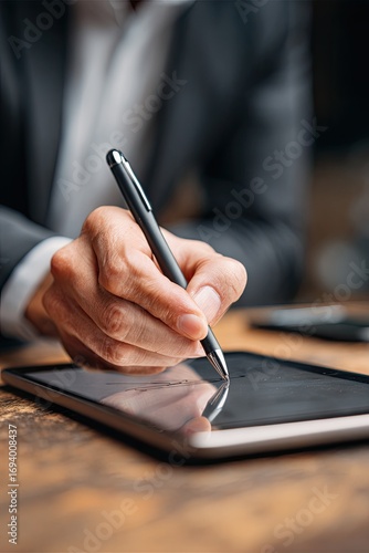 Close-up of hand writing on tablet