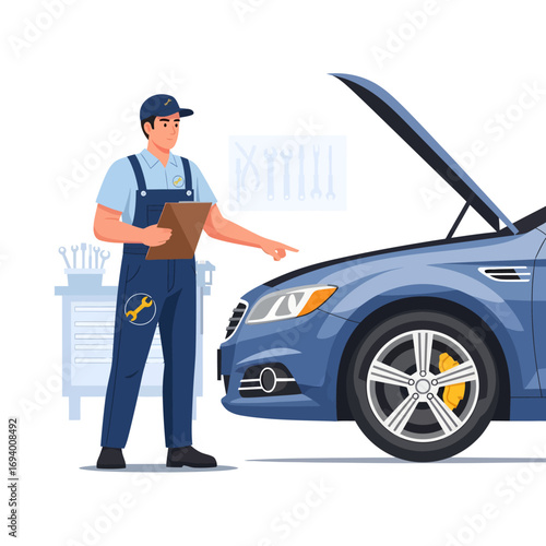 Mechanic inspecting a car with the hood open, holding a clipboard.