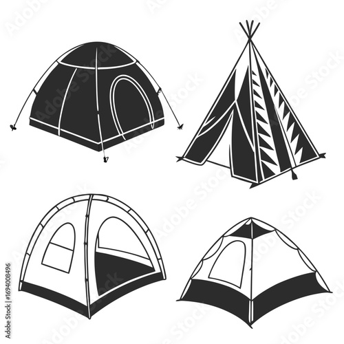 Four tent silhouettes dome teepee camping shelters dome tent