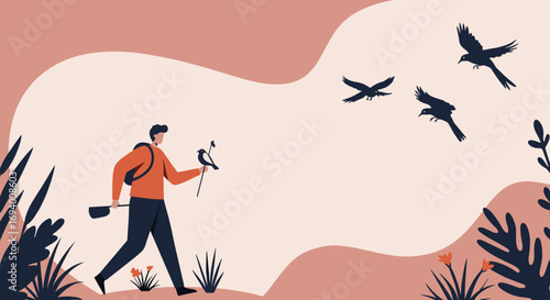 Young man on an outdoor adventure, birdwatching in a tranquil natural landscape with a bird on his stick and others flying freely. Represents hobbies, travel, and connection with nature.