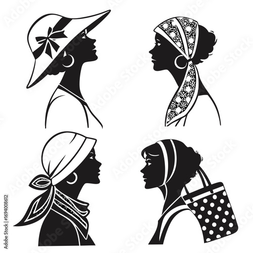 Four women profile silhouettes with headwear and accessories vector