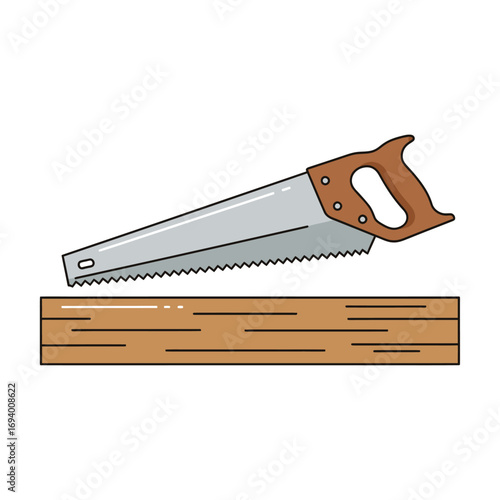 A cartoon illustration of a hand saw with a wooden handle resting on a plank of wood.