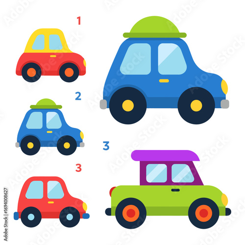 Cartoon cars in various colors and styles, numbered 1, 2, and 3.