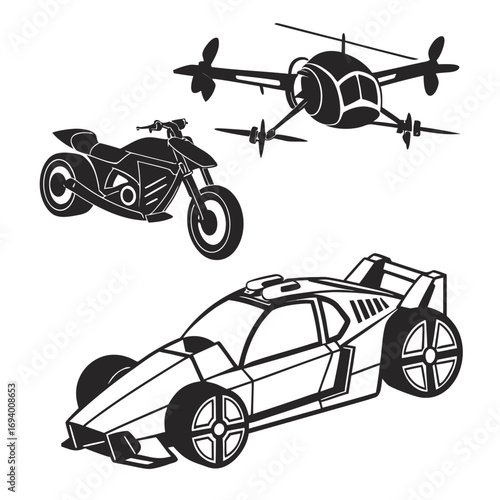 Futuristic vehicle silhouettes drone motorcycle car helicopter quadcopter