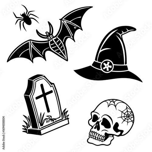 Halloween icons bat spider tombstone witch hat skull vector