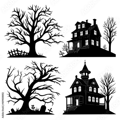 Haunted mansion and spooky trees silhouette scenes halloween eerie