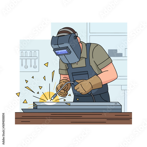 Welder at work with protective gear and welding equipment.