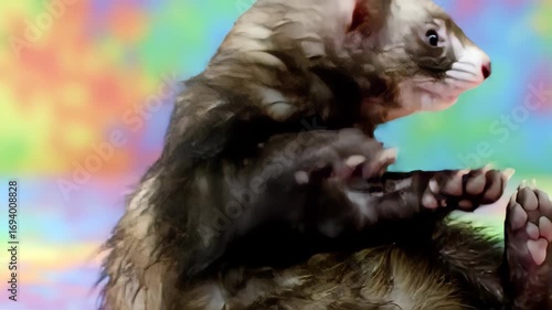 Adorable Ferret Portrait with Brown Fur and White Markings on a Bright Multi Colored Background