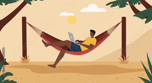 Man working on a laptop in a hammock outdoors under the sun, representing remote work, digital nomad lifestyle, and flexible career. Ideal for travel and business concepts.