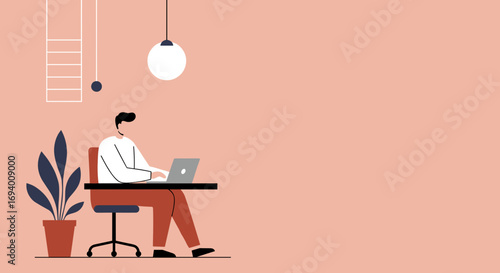 Professional man working intently on a laptop at a modern desk in a minimalist home office. Ideal for remote work, business, and online productivity concepts.