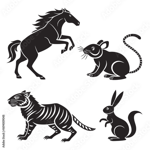 Horse tiger rat rabbit black silhouettes vector