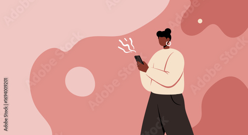 A stylish woman checks her smartphone, engaged in digital communication or social media against a warm, abstract background, representing modern technology and connectivity.
