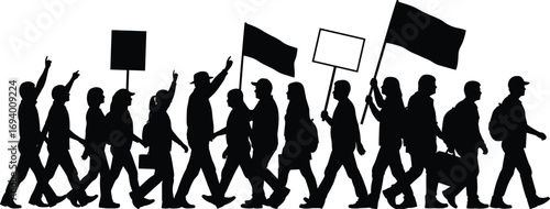 Silhouette of diverse people walking with flags and protest signs, activism, unity, social movement, peaceful demonstration, human rights, group march