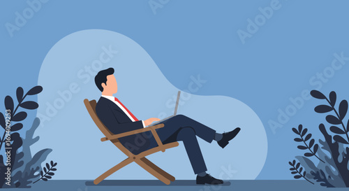 Businessman in a suit uses a laptop while relaxing in a deck chair, representing remote work, work-life balance, and flexible modern professional life.