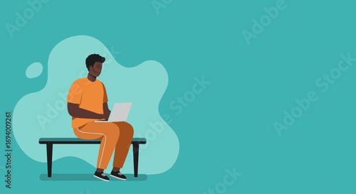 Black man sitting casually on a bench, focused on his laptop. Ideal for remote work, online learning, or digital communication concepts with copy space.