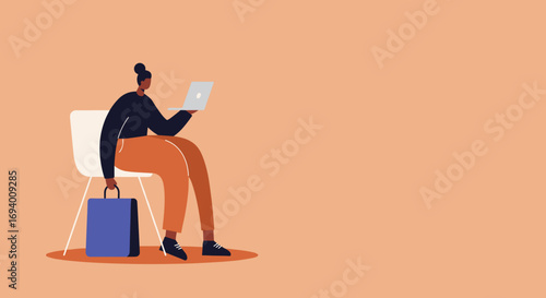 Professional working remotely on laptop while seated with a bag, representing modern business, travel, or education.