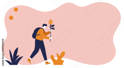A man with a backpack on an abstract journey, holding a glowing plant like a torch. Symbolizes discovery, exploration, and new paths in life or business.