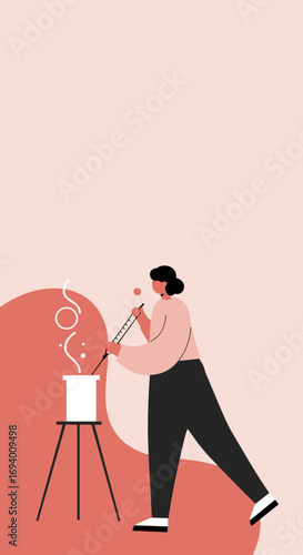 Female scientist illustration conducting an experiment with a beaker and pipette, representing research, innovation, and scientific discovery in a modern lab.