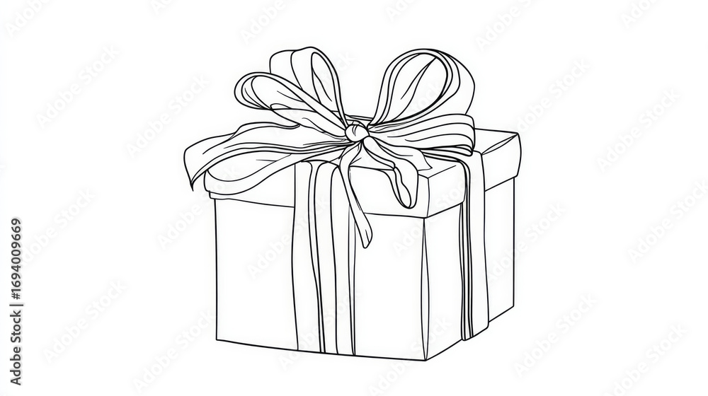 Obraz premium A gift box with a bow is continuously drawn in lines on a white background. wrapped surprise gift for a birthday celebration or Christmas.Celebrate and have a party. Vector illustration of a flat cart