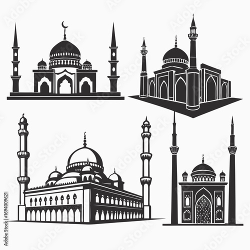 Islamic mosque architectural silhouettes with domes and minarets architecture