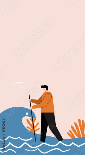A stylized person navigates wavy waters with a staff, symbolizing resilience, problem-solving, and overcoming business or life challenges.