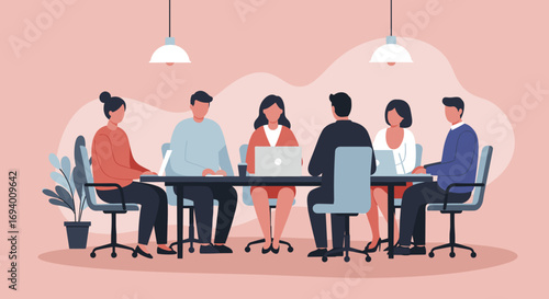 Diverse business team collaborates in a modern office meeting. Ideal for concepts of teamwork, strategy, corporate discussion, and professional development.