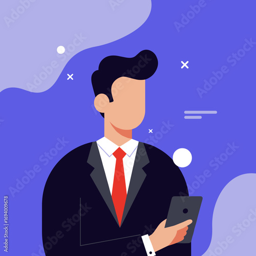 Professional businessman in a suit and tie, engaged with a tablet. Represents modern communication, technology, and corporate success in a vibrant, digital setting.